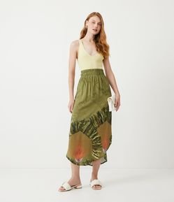 Saia Midi com Cós Elástico e Estampa de Folhagem