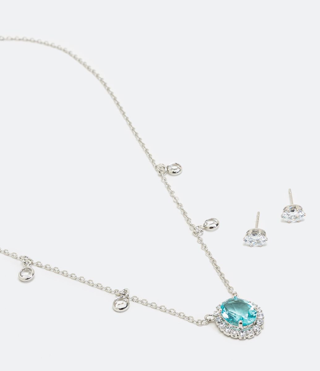 Conjunto de Brinco e Colar com Pingente em Zircônia Menor preço em Conjunto de Brinco e Colar com Pingente em Zircônia