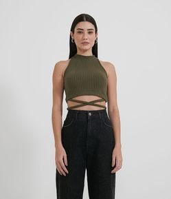 Blusa Cropped sem Manga em Ribana Canelada com Amarração