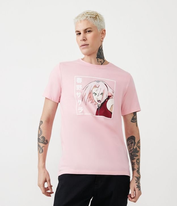 Camiseta Regular em Meia Malha com Estampa da Sakura e Ideogramas - Cor: Rosa - Tamanho: PP