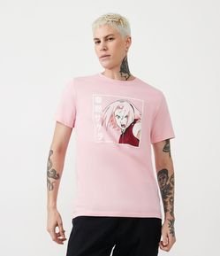 Camiseta Regular em Meia Malha com Estampa da Sakura e Ideogramas