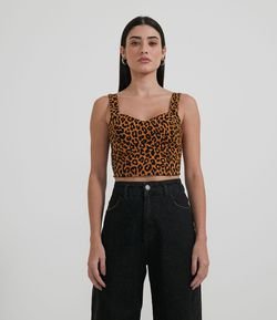 Blusa Cropped sem Manga em Tricoline Estampa Animal Print Onça