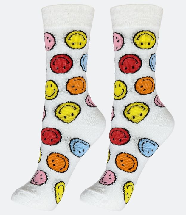 Meia Cano Alto em Algodão com Estampa Smiley