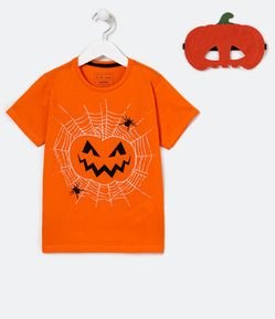 Camiseta Infantil Estampa de Abóbora com Máscara - Tam 5 a 14 anos