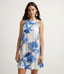 Vestido Curto em Viscose com Gola Halter e Estampa de Folhagem