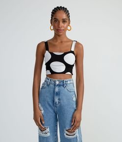 Blusa Regata Cropped em Algodão Dupla Face com Estampa Poá Graúdo