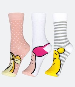 Kit 3 Meias Cano Alto em Algodão com Estampa Personagens Ursinho Pooh