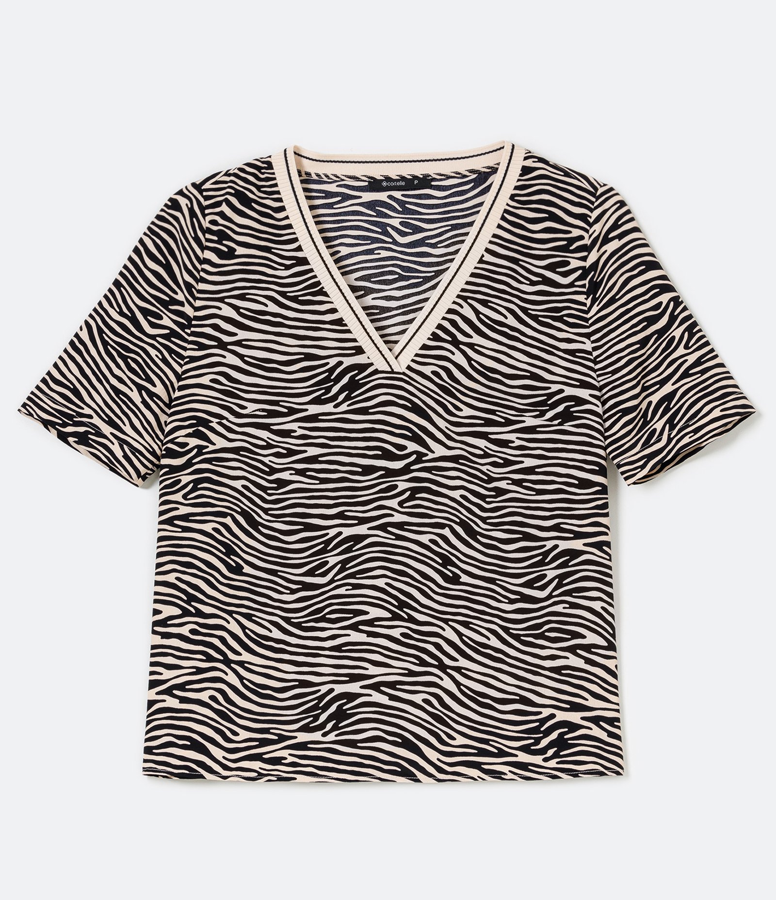 Blusa Manga Curta em Poiliéster com Estampa Animal Print Zebra Preto 1