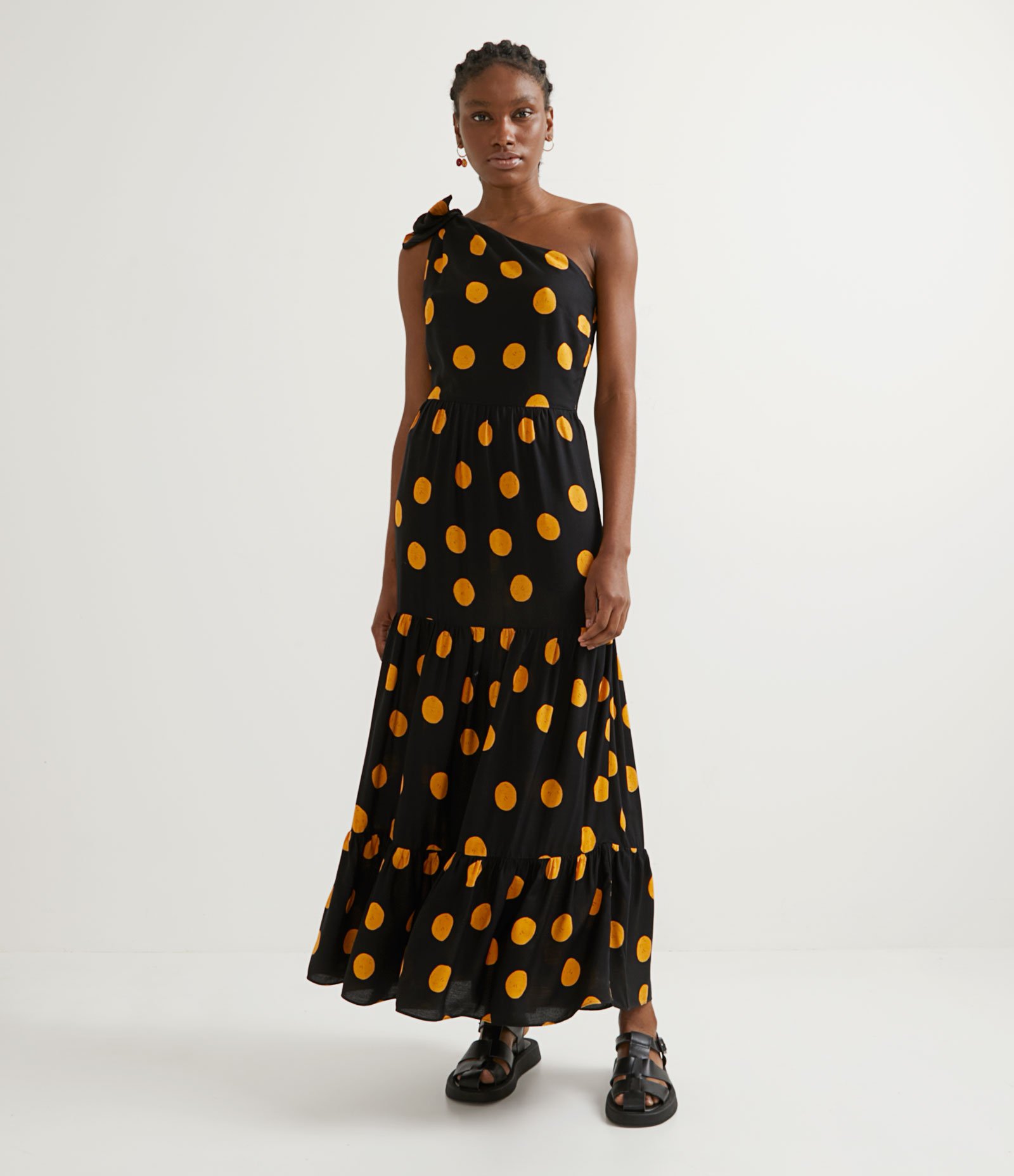 Vestido Midi em Viscose Estampado com Babados na Saia Preto 1