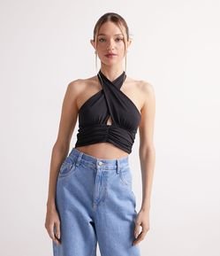 Blusa Cropped em Malha Jersey com Decote Cruzado
