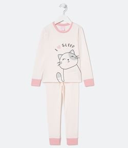 Pijama Infantil Longo Listrado Estampa de Gatinha - Tam 5 a 14 anos