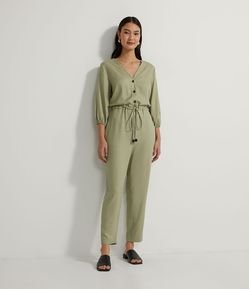 Macacão Manga Longa em Viscose com Amarração na Cintura