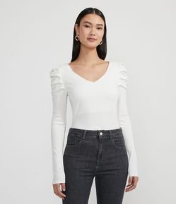 Blusa Manga Longa Bufante em Viscolycra Canelada e Decote V