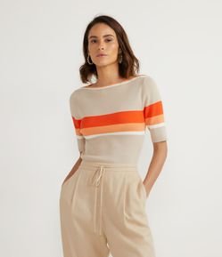 Blusa em Tricô com Manga Curta e Estampa de Listras