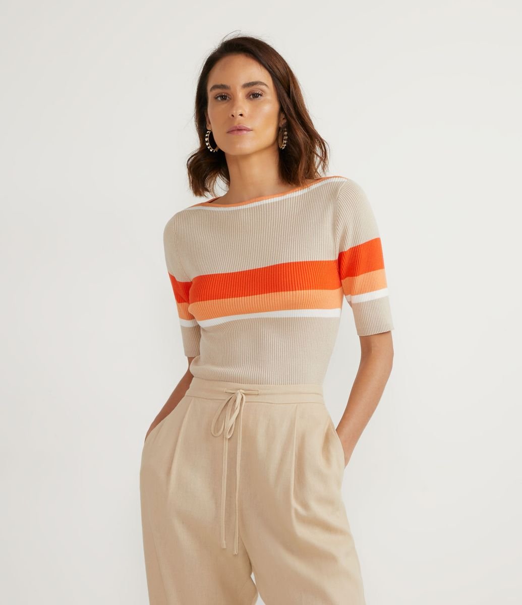 Blusa em Tricô com Manga Curta e Estampa de Listras Menor preço em Blusa em Tricô com Manga Curta e Estampa de Listras