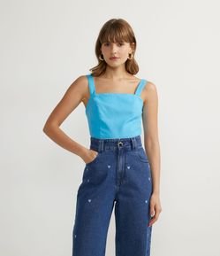 Blusa Cropped em Linho com Alças Largas e Lastex nas Costas