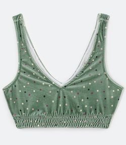 Blusa Cropped em Veludo com Estampa Poá Decote V e Alças Largas