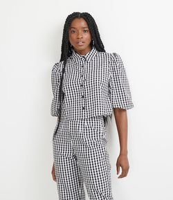 Camisa Cropped em Algodão Xadrez com Mangas Bufantes