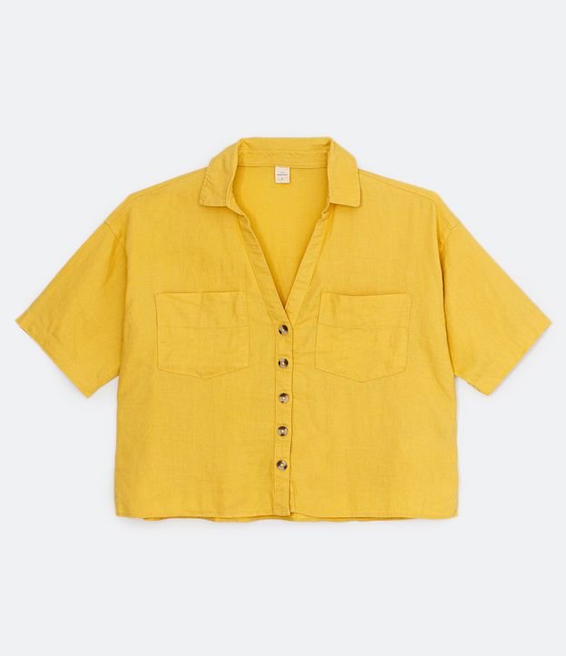 Camisa Manga Corta em Viscolino con Bolsillos y Botones Contrastante Amarillo 7
