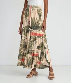 Saia Midi em Viscose Estampa de Folhagem