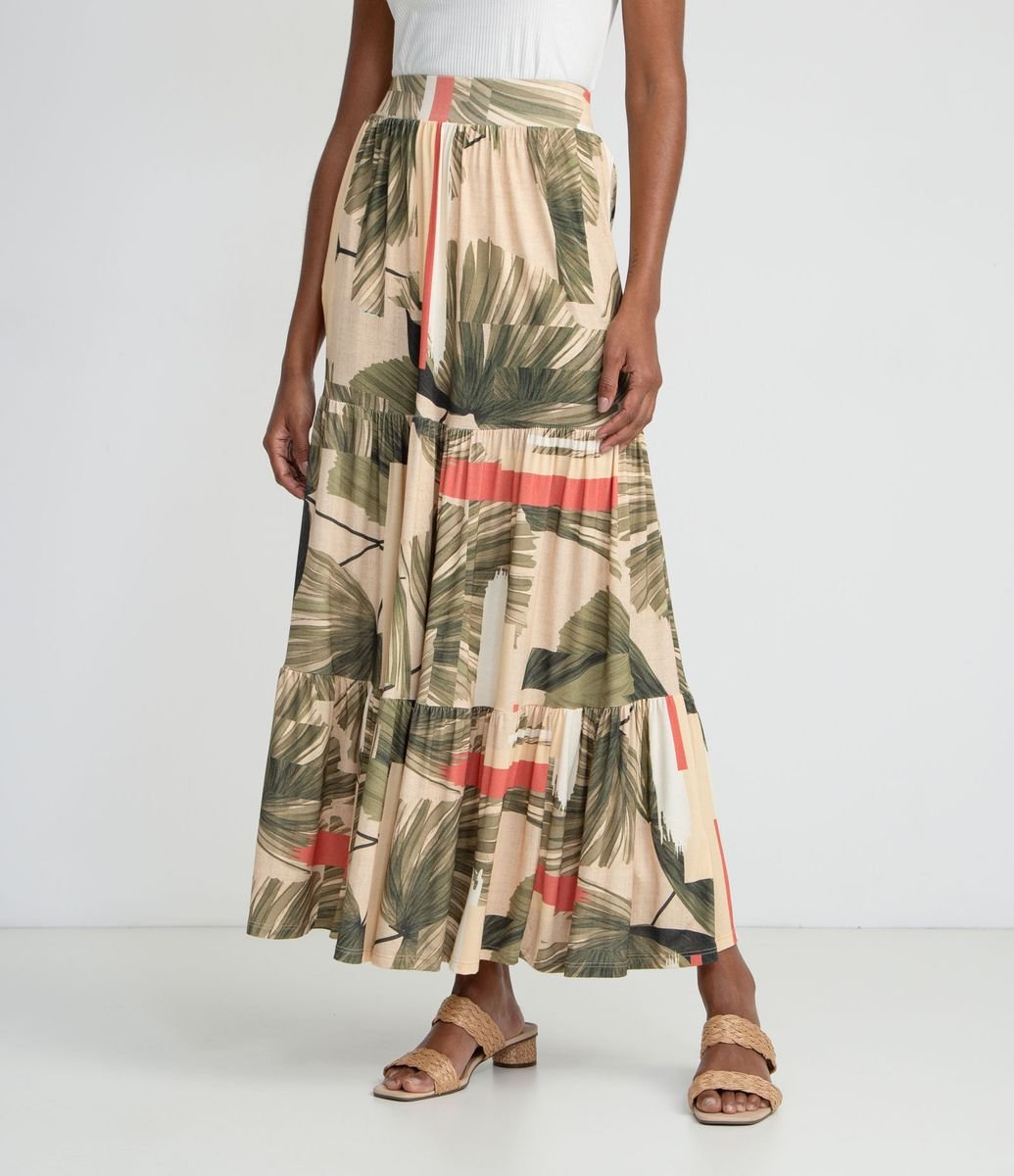 Saia Midi em Viscose Estampa de Folhagem Menor preço em Saia Midi em Viscose Estampa de Folhagem