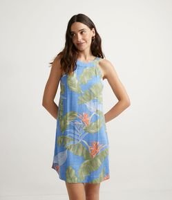 Vestido Curto em Viscose com Gola Halter e Estampa Folhagens