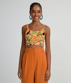 Blusa Regata Cropped em Algodão Dupla Face com Estampa de Selva e Bananas