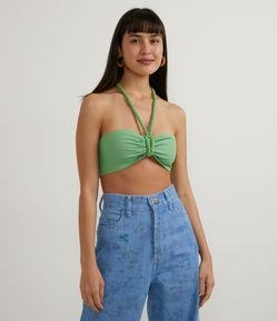 Blusa Cropped Frente Única em Viscolinho com Alças de Corda