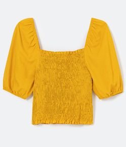 Blusa Manga Curta Bufante em Linho com Lastex no Corpo