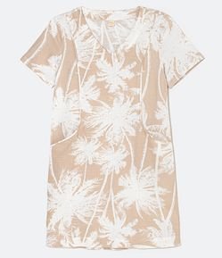 Vestido Curto em Viscolinho com Bolsos Frontais e Estampa de Coqueiros