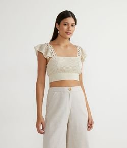Blusa Regata Cropped em Algodão Texturizado com Babado na Alça