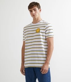 Camiseta Manga Curta em Algodão com Listras e Bordado Smiley
