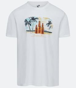 Camiseta Manga Curta em Algodão com Estampa Praia e Garrafas