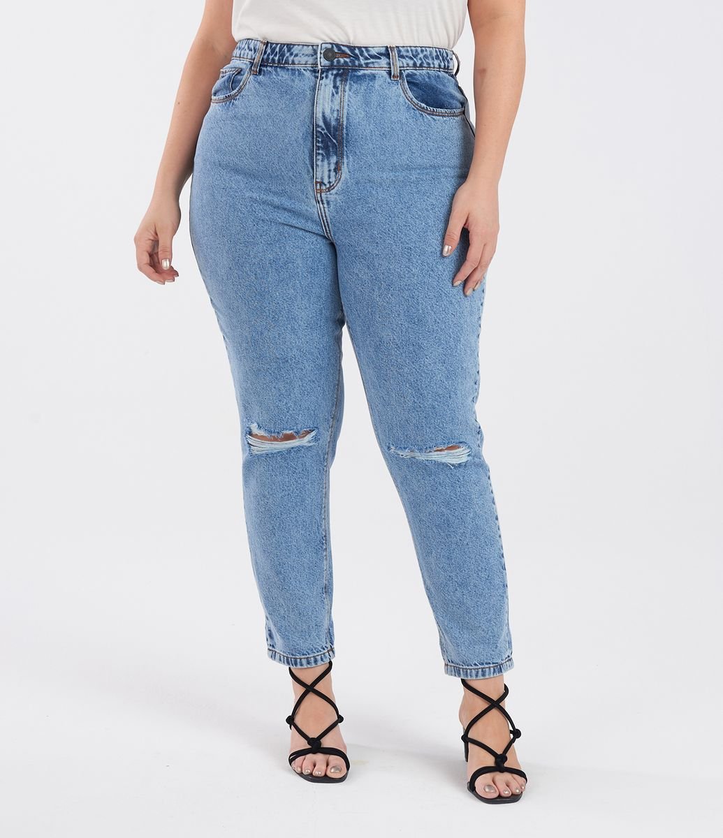 Calça Mom Jeans Com Rasgos No Joelho Curve And Plus Size Azul Renner