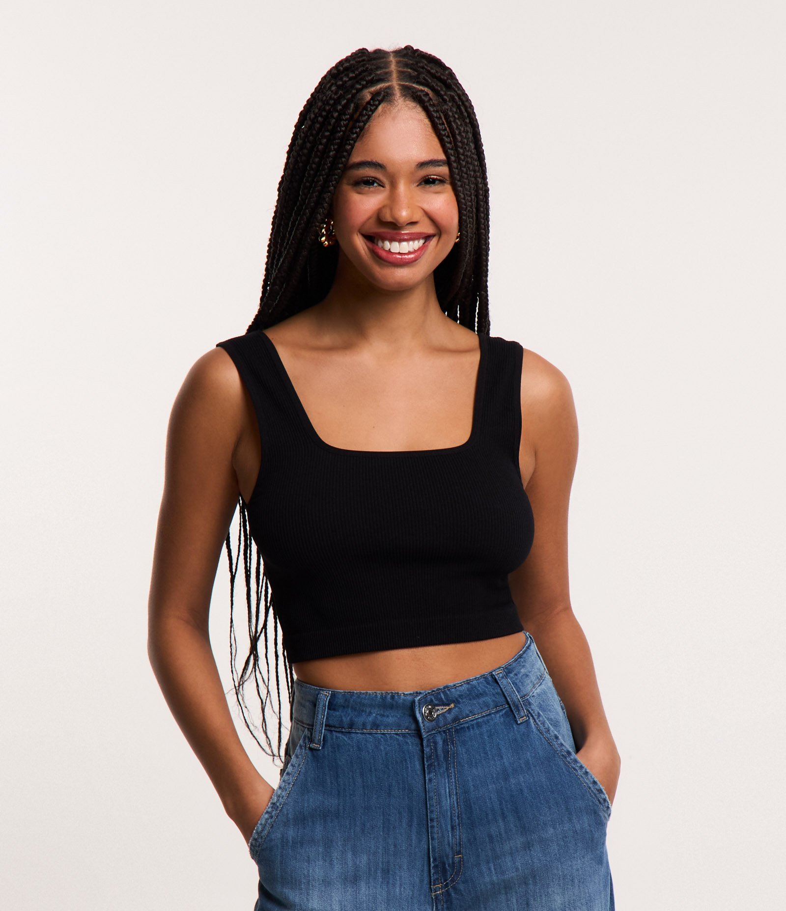Blusa Regata Cropped Básica em Poliamida Canelada sem Costura Preto 1