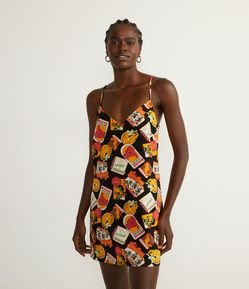 Vestido Curto em Linho com Alça Fina e Estampa Zé Carioca