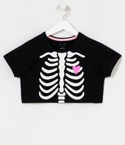 Blusa Infantil Cropped Estampa de Esqueleto Brilha no Escuro - Tam 5 a 14 anos