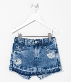 Short Saia Infantil Jeans com Barra Desfiada - Tam 5 a 14