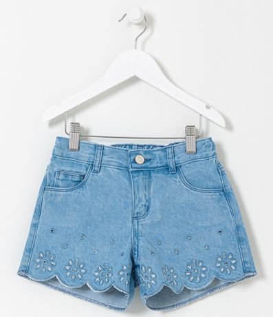 Short Infantil em Jeans com Bordado Broderie na Barra - Tam 5 a 14 Anos Menor preço em Short Infantil em Jeans com Bordado Broderie na Barra - Tam 5 a 14 Anos