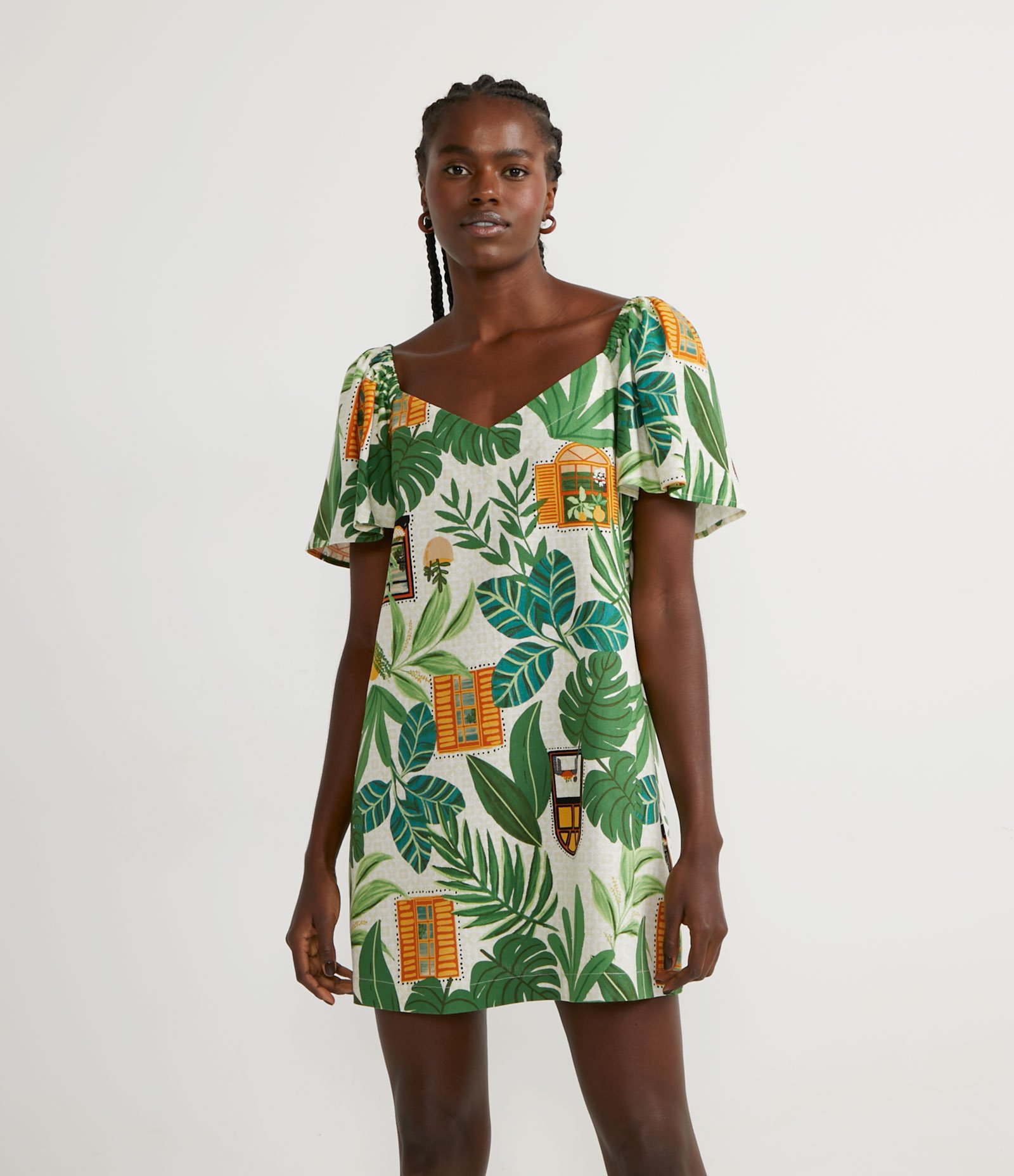 Vestido Curto em Linho com Manga Ampla e Estampa de Folhagem Branco 1