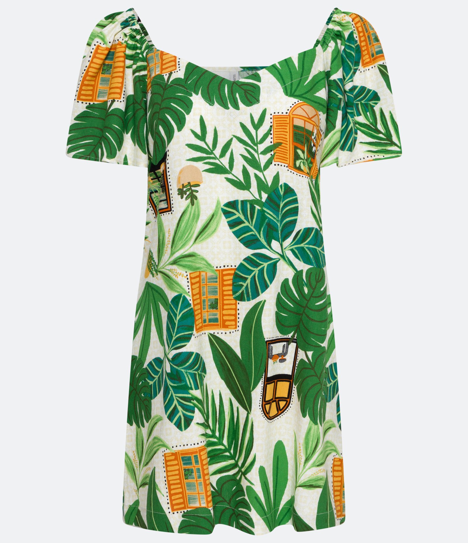 Vestido Curto em Linho com Manga Ampla e Estampa de Folhagem Branco 6