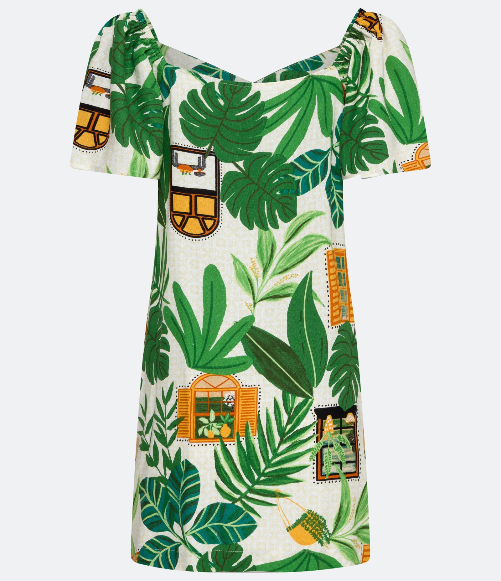 Vestido Curto em Linho com Manga Ampla e Estampa de Folhagem Branco 7