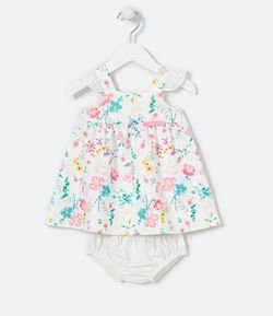 Vestido Infantil Malha Texturizada Estampa Floral Manga com Broderi com Calcinha - Tam 0 a 18 meses