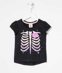 Blusa Infantil com Glitter e Estampa de Esqueleto - Tam 1 a 5 anos