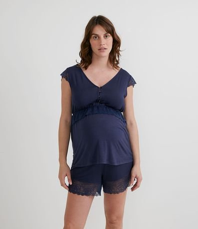 Pijama Curto Maternidade Regata em Viscolycra com Abertura Frontal e Renda  Azul - Renner