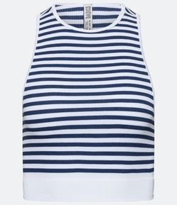 Blusa Regata Cropped em Poliamida Canelada Sem Costura com Listras