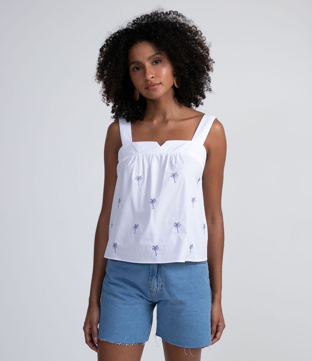 Blusa Regata em Tricoline com Bordado de Coqueiros Menor preço em Blusa Regata em Tricoline com Bordado de Coqueiros