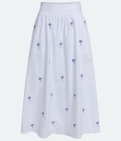 Saia Midi em Tricoline com Bordado de Coqueiros e Pregas Frontais