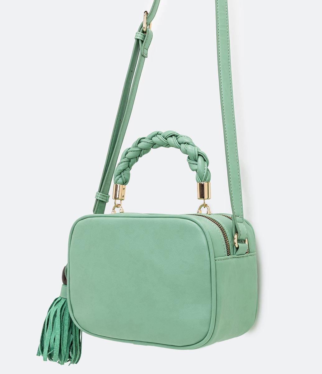 Bolsa Transversal Camera Bag com Alça de Mão Trançada e Tassel Verde