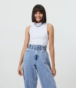 Blusa Cropped Básica sem Manga em Algodão com Gola Alta